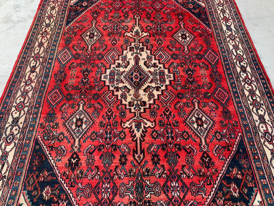 Handgemaakt Perzisch wollen vloerkleed 7x10 - Rood, marineblauw & ivoorkleurig Perzisch stijl kleed met medaillon - Exacte afmeting 9'10" x 6'8" - KBHM-745