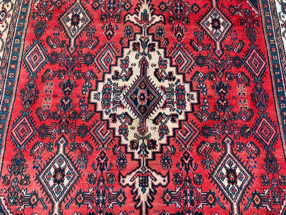 Handgemaakt Perzisch wollen vloerkleed 7x10 - Rood, marineblauw & ivoorkleurig Perzisch stijl kleed met medaillon - Exacte afmeting 9'10" x 6'8" - KBHM-745
