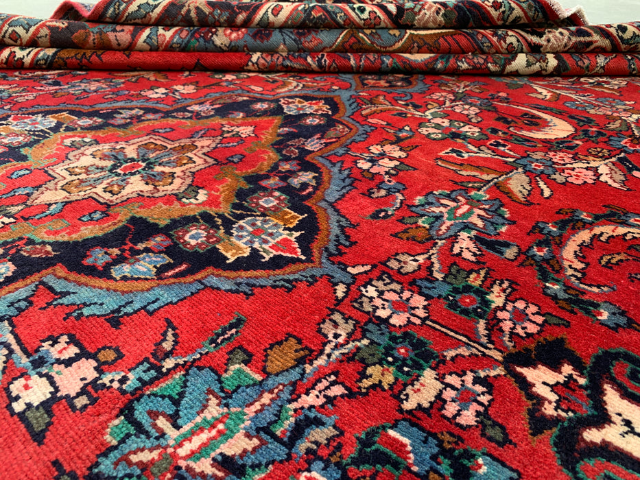 Handgemaakt Perzisch wollen vloerkleed 7x10 - Rood, marineblauw & ivoorkleurig Perzisch stijl kleed met bloemenmedaillon - Exacte afmeting 10'5" x 6'8" - KBHM-746