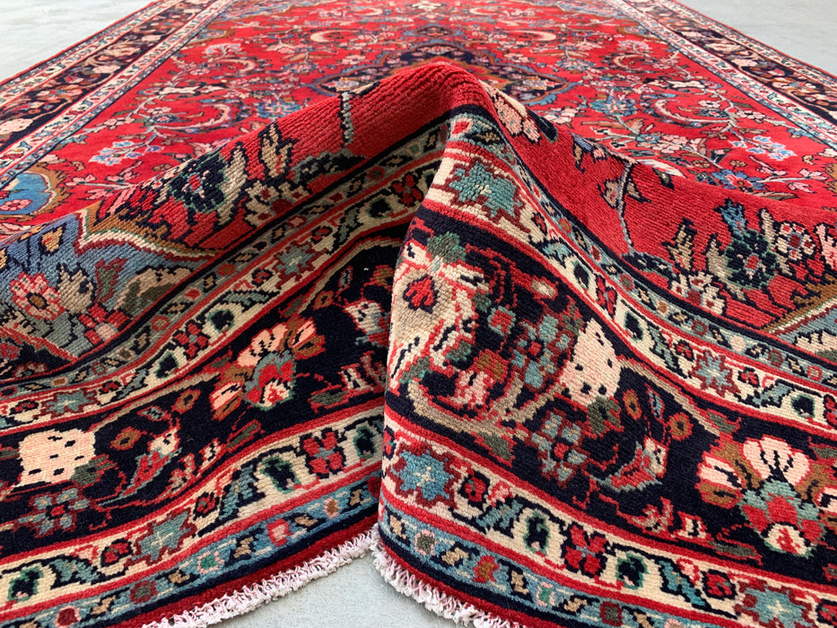Handgemaakt Perzisch wollen vloerkleed 7x10 - Rood, marineblauw & ivoorkleurig Perzisch stijl kleed met bloemenmedaillon - Exacte afmeting 10'5" x 6'8" - KBHM-746