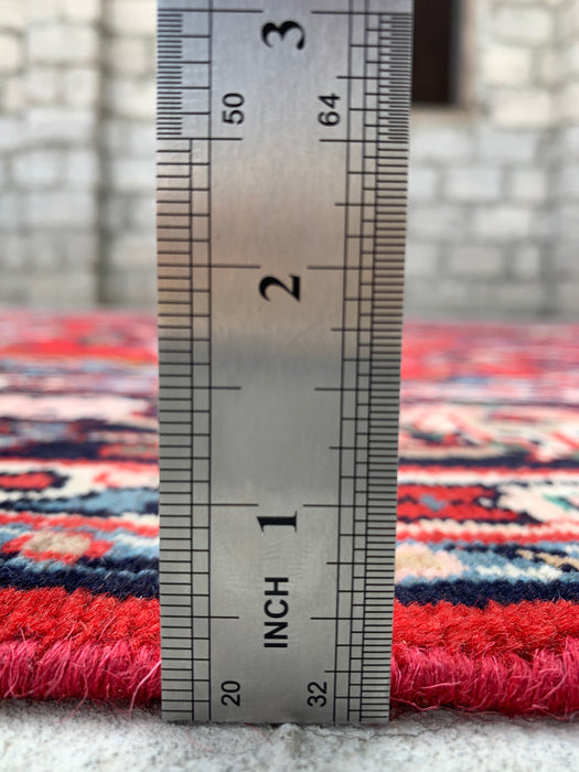 Handgemaakt Perzisch wollen vloerkleed 7x10 - Rood, marineblauw & ivoorkleurig Perzisch stijl kleed met bloemenmedaillon - Exacte afmeting 10'5" x 6'8" - KBHM-746