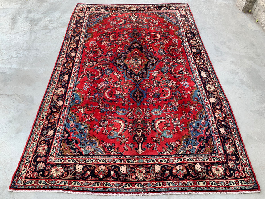 Handgemaakt Perzisch wollen vloerkleed 7x10 - Rood, marineblauw & ivoorkleurig Perzisch stijl kleed met bloemenmedaillon - Exacte afmeting 10'5" x 6'8" - KBHM-746