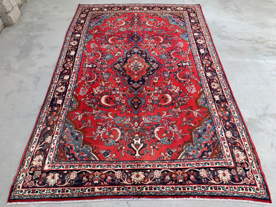 Handgemaakt Perzisch wollen vloerkleed 7x10 - Rood, marineblauw & ivoorkleurig Perzisch stijl kleed met bloemenmedaillon - Exacte afmeting 10'5" x 6'8" - KBHM-746
