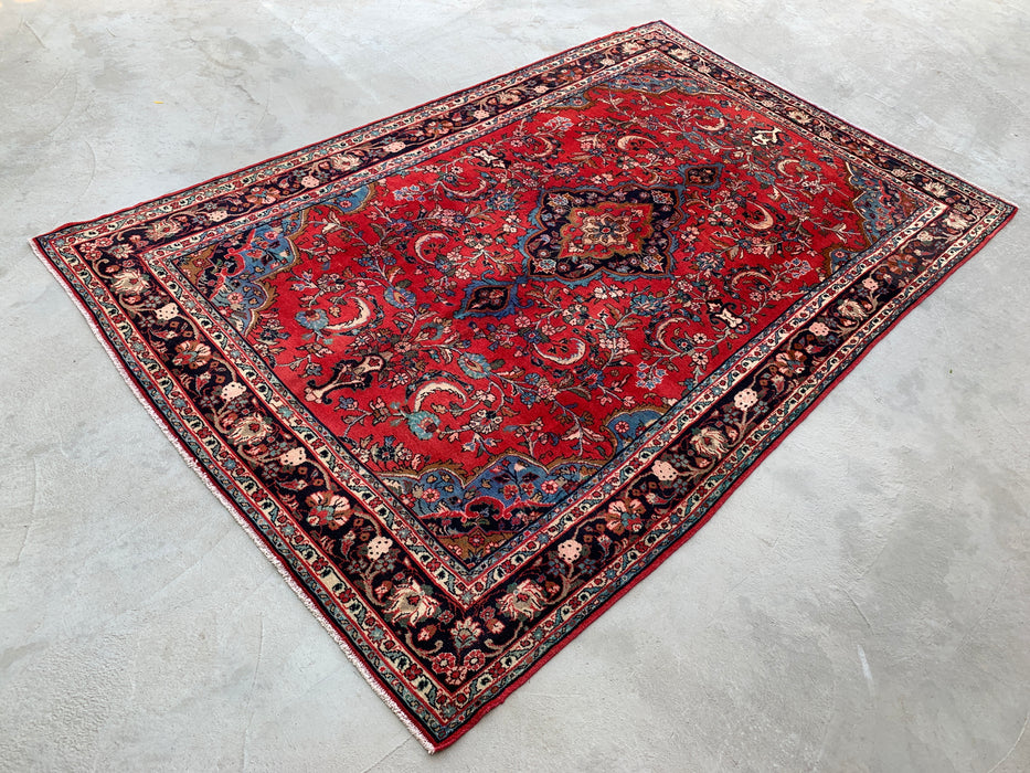 Handgemaakt Perzisch wollen vloerkleed 7x10 - Rood, marineblauw & ivoorkleurig Perzisch stijl kleed met bloemenmedaillon - Exacte afmeting 10'5" x 6'8" - KBHM-746
