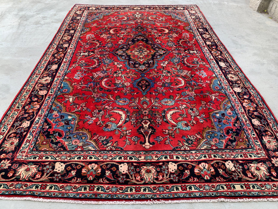 Handgemaakt Perzisch wollen vloerkleed 7x10 - Rood, marineblauw & ivoorkleurig Perzisch stijl kleed met bloemenmedaillon - Exacte afmeting 10'5" x 6'8" - KBHM-746