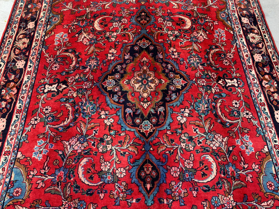 Handgemaakt Perzisch wollen vloerkleed 7x10 - Rood, marineblauw & ivoorkleurig Perzisch stijl kleed met bloemenmedaillon - Exacte afmeting 10'5" x 6'8" - KBHM-746