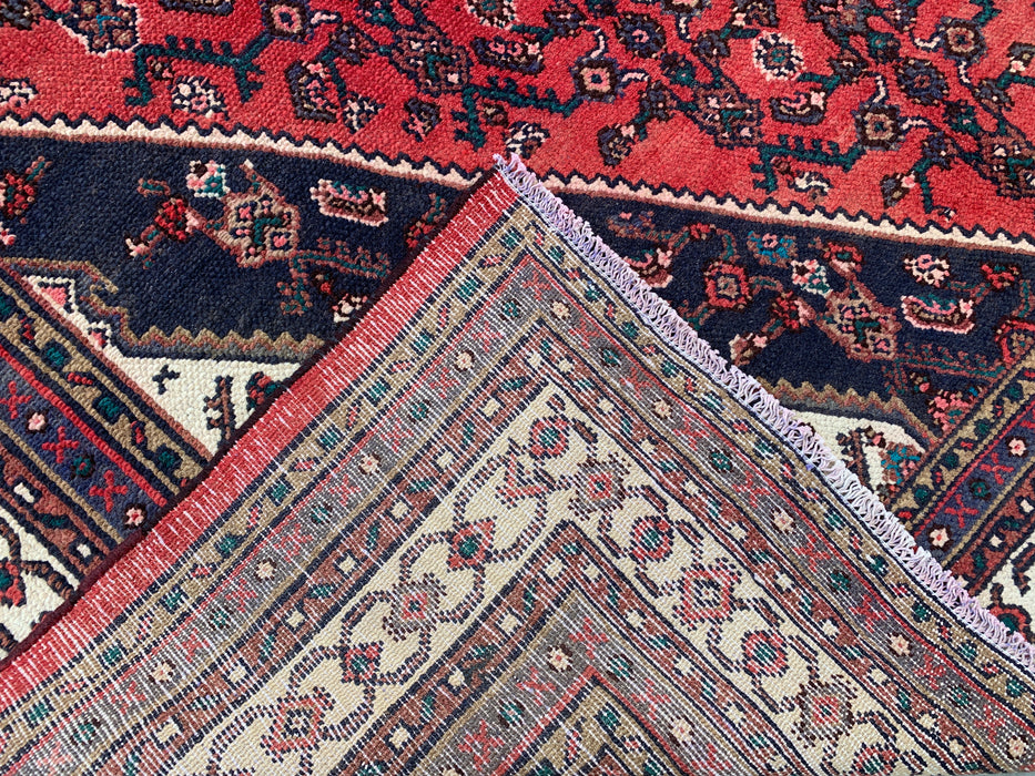 Handgemaakt Perzisch wollen vloerkleed 213x305 cm - Rood, marineblauw & ivoorkleurig Perzisch tapijt met geometrisch medaillon - Exacte maat 282 cm x 211 cm - KBHM-747