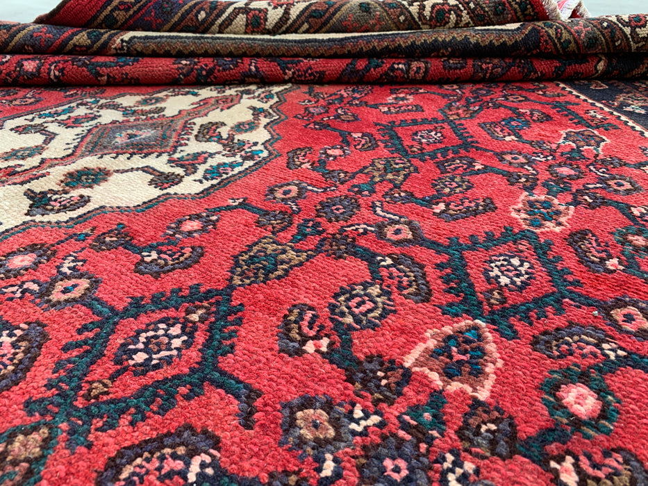 Handgemaakt Perzisch wollen vloerkleed 213x305 cm - Rood, marineblauw & ivoorkleurig Perzisch tapijt met geometrisch medaillon - Exacte maat 282 cm x 211 cm - KBHM-747