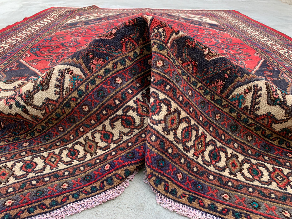 Handgemaakt Perzisch wollen vloerkleed 213x305 cm - Rood, marineblauw & ivoorkleurig Perzisch tapijt met geometrisch medaillon - Exacte maat 282 cm x 211 cm - KBHM-747