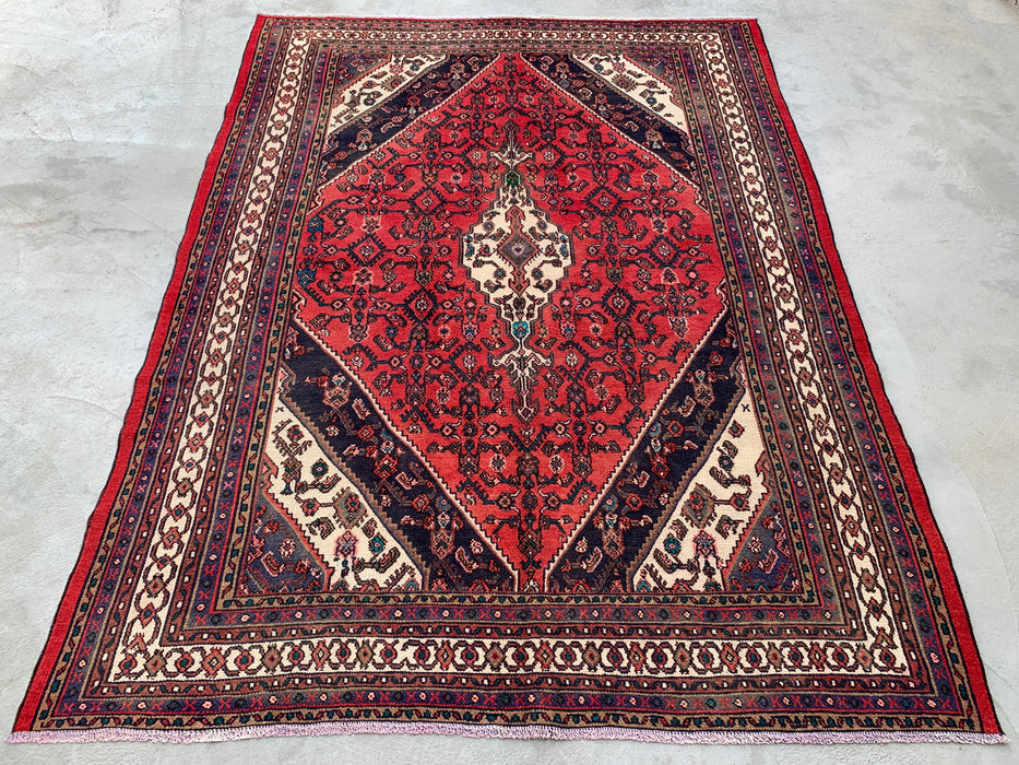 Handgemaakt Perzisch wollen vloerkleed 213x305 cm - Rood, marineblauw & ivoorkleurig Perzisch tapijt met geometrisch medaillon - Exacte maat 282 cm x 211 cm - KBHM-747