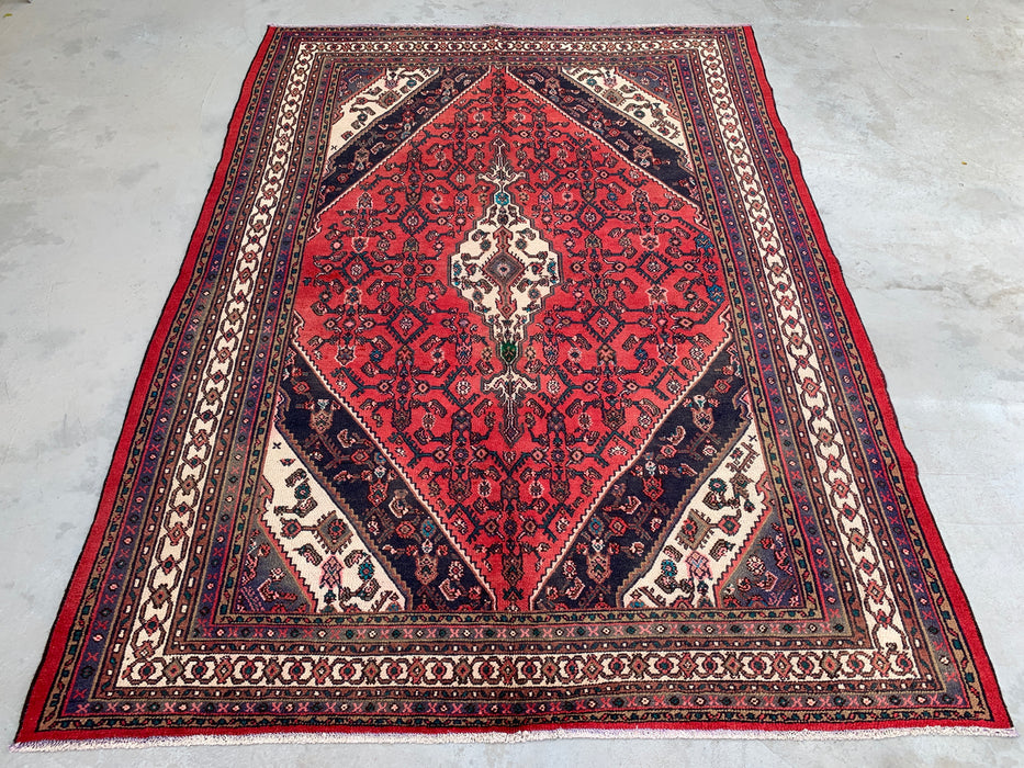 Handgemaakt Perzisch wollen vloerkleed 213x305 cm - Rood, marineblauw & ivoorkleurig Perzisch tapijt met geometrisch medaillon - Exacte maat 282 cm x 211 cm - KBHM-747