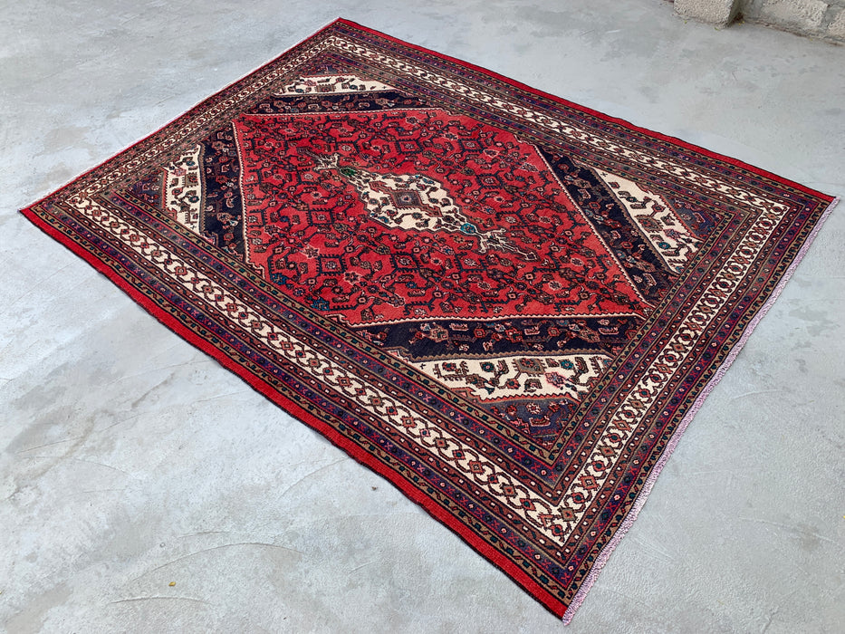 Handgemaakt Perzisch wollen vloerkleed 213x305 cm - Rood, marineblauw & ivoorkleurig Perzisch tapijt met geometrisch medaillon - Exacte maat 282 cm x 211 cm - KBHM-747