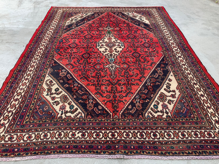 Handgemaakt Perzisch wollen vloerkleed 213x305 cm - Rood, marineblauw & ivoorkleurig Perzisch tapijt met geometrisch medaillon - Exacte maat 282 cm x 211 cm - KBHM-747