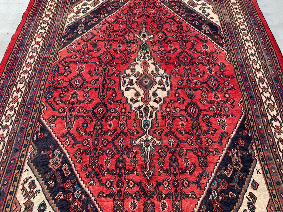 Handgemaakt Perzisch wollen vloerkleed 213x305 cm - Rood, marineblauw & ivoorkleurig Perzisch tapijt met geometrisch medaillon - Exacte maat 282 cm x 211 cm - KBHM-747