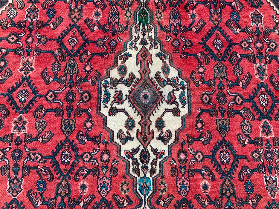 Handgemaakt Perzisch wollen vloerkleed 213x305 cm - Rood, marineblauw & ivoorkleurig Perzisch tapijt met geometrisch medaillon - Exacte maat 282 cm x 211 cm - KBHM-747