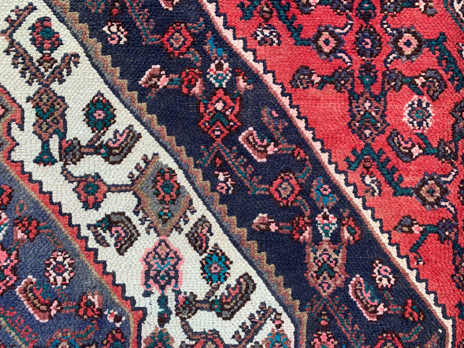 Handgemaakt Perzisch wollen vloerkleed 213x305 cm - Rood, marineblauw & ivoorkleurig Perzisch tapijt met geometrisch medaillon - Exacte maat 282 cm x 211 cm - KBHM-747