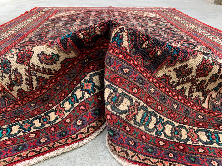 Handgemaakt Perzisch wollen vloerkleed 7x10 - Perzisch stijl kleed met marineblauw, rood & ivoorkleurig bloemenmedaillon - Exacte afmeting 9'8" x 7'0" - KBHM-748
