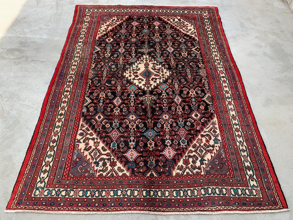 Handgemaakt Perzisch wollen vloerkleed 7x10 - Perzisch stijl kleed met marineblauw, rood & ivoorkleurig bloemenmedaillon - Exacte afmeting 9'8" x 7'0" - KBHM-748