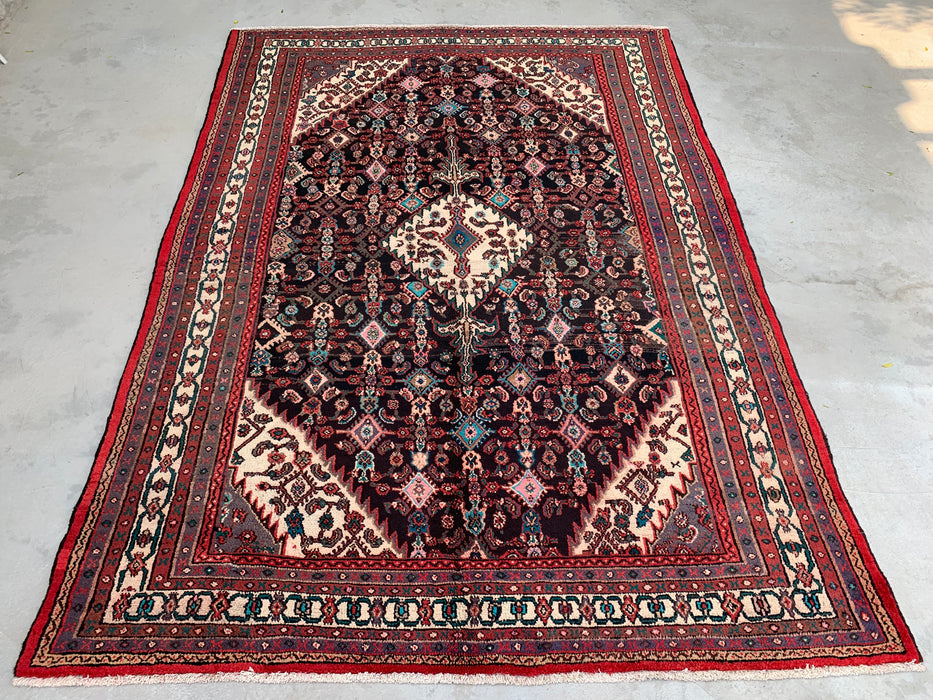 Handgemaakt Perzisch wollen vloerkleed 7x10 - Perzisch stijl kleed met marineblauw, rood & ivoorkleurig bloemenmedaillon - Exacte afmeting 9'8" x 7'0" - KBHM-748