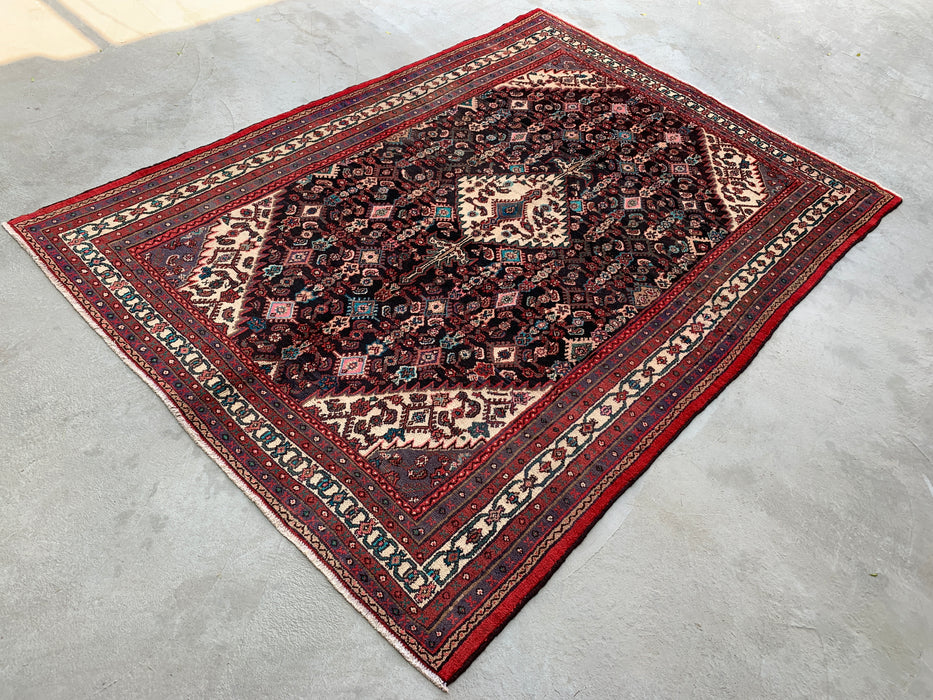 Handgemaakt Perzisch wollen vloerkleed 7x10 - Perzisch stijl kleed met marineblauw, rood & ivoorkleurig bloemenmedaillon - Exacte afmeting 9'8" x 7'0" - KBHM-748