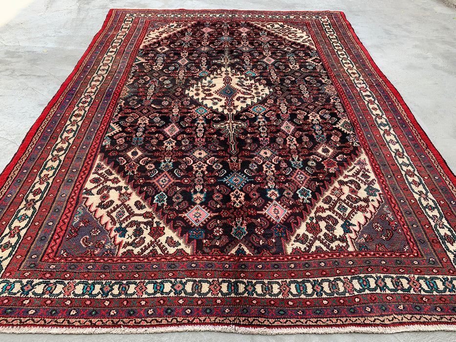 Handgemaakt Perzisch wollen vloerkleed 7x10 - Perzisch stijl kleed met marineblauw, rood & ivoorkleurig bloemenmedaillon - Exacte afmeting 9'8" x 7'0" - KBHM-748
