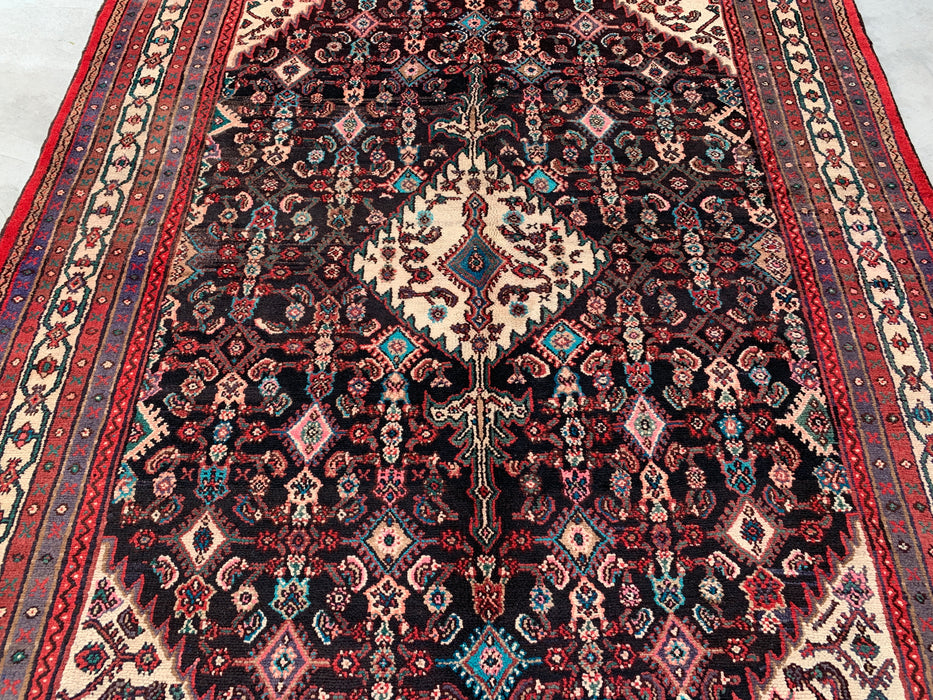 Handgemaakt Perzisch wollen vloerkleed 7x10 - Perzisch stijl kleed met marineblauw, rood & ivoorkleurig bloemenmedaillon - Exacte afmeting 9'8" x 7'0" - KBHM-748