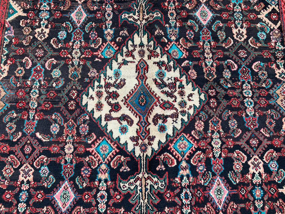 Handgemaakt Perzisch wollen vloerkleed 7x10 - Perzisch stijl kleed met marineblauw, rood & ivoorkleurig bloemenmedaillon - Exacte afmeting 9'8" x 7'0" - KBHM-748