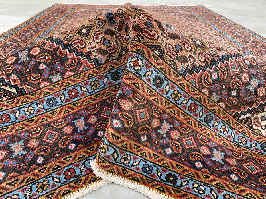 Handgemaakt Perzisch wollen vloerkleed 213x305 cm - Beige, bruin & zachtblauw vintage medaillon Perzisch stijl vloerkleed - Exacte afmeting 279 cm x 191 cm - KBHM-749