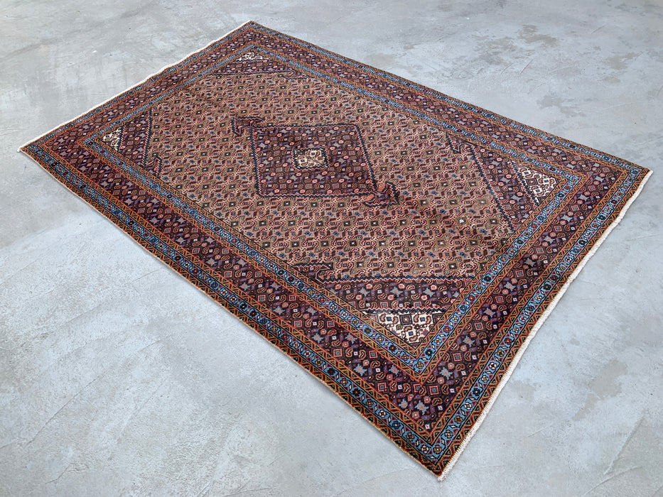 Handgemaakt Perzisch wollen vloerkleed 213x305 cm - Beige, bruin & zachtblauw vintage medaillon Perzisch stijl vloerkleed - Exacte afmeting 279 cm x 191 cm - KBHM-749