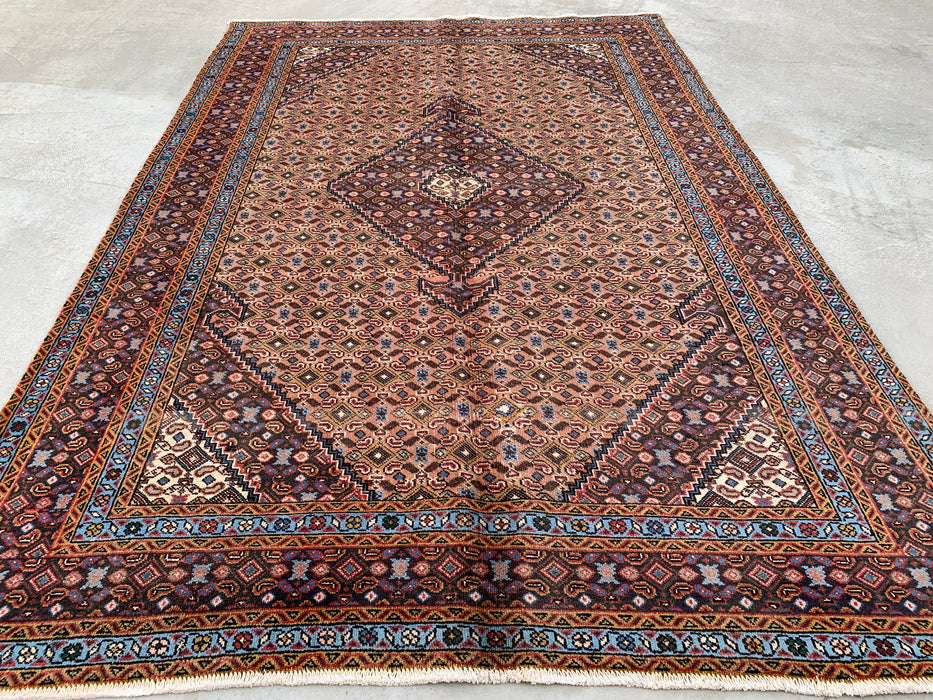 Handgemaakt Perzisch wollen vloerkleed 213x305 cm - Beige, bruin & zachtblauw vintage medaillon Perzisch stijl vloerkleed - Exacte afmeting 279 cm x 191 cm - KBHM-749