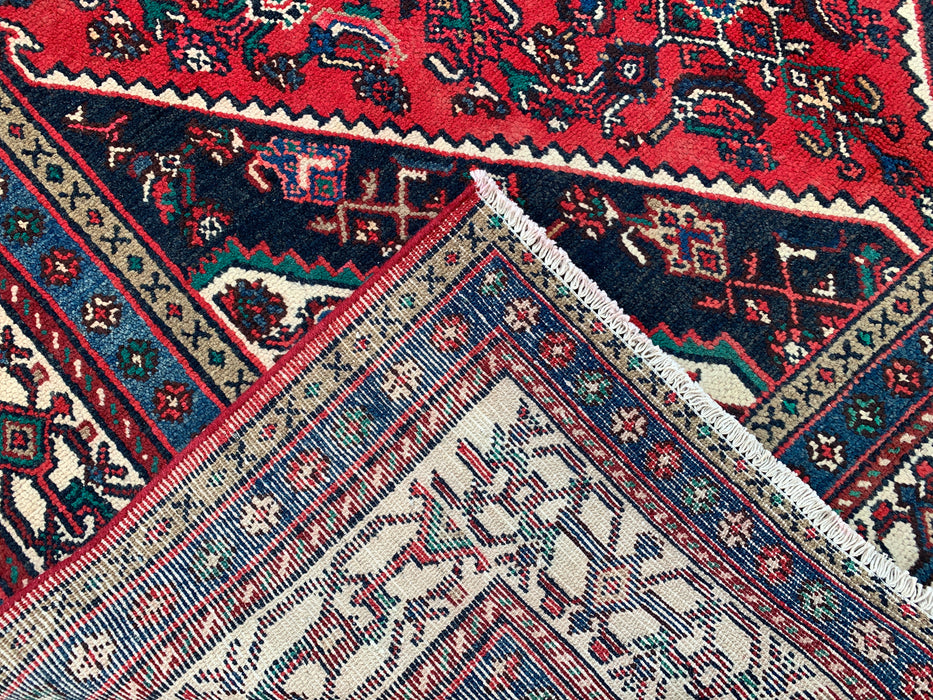 Handgemaakt Perzisch wollen vloerkleed 7x10 - Rood, marineblauw & ivoor tribaal medaillon Perzisch stijl kleed - Exacte afmeting 10'7" x 6'11" - KBHM-750