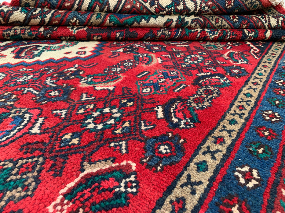 Handgemaakt Perzisch wollen vloerkleed 7x10 - Rood, marineblauw & ivoor tribaal medaillon Perzisch stijl kleed - Exacte afmeting 10'7" x 6'11" - KBHM-750