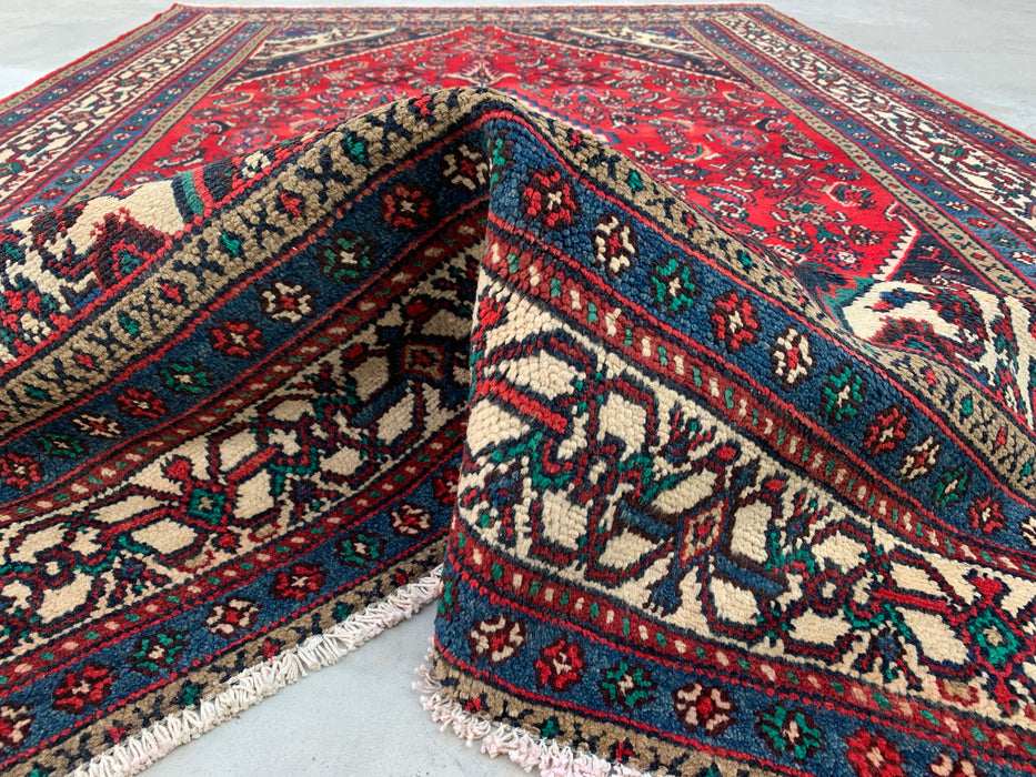 Handgemaakt Perzisch wollen vloerkleed 7x10 - Rood, marineblauw & ivoor tribaal medaillon Perzisch stijl kleed - Exacte afmeting 10'7" x 6'11" - KBHM-750