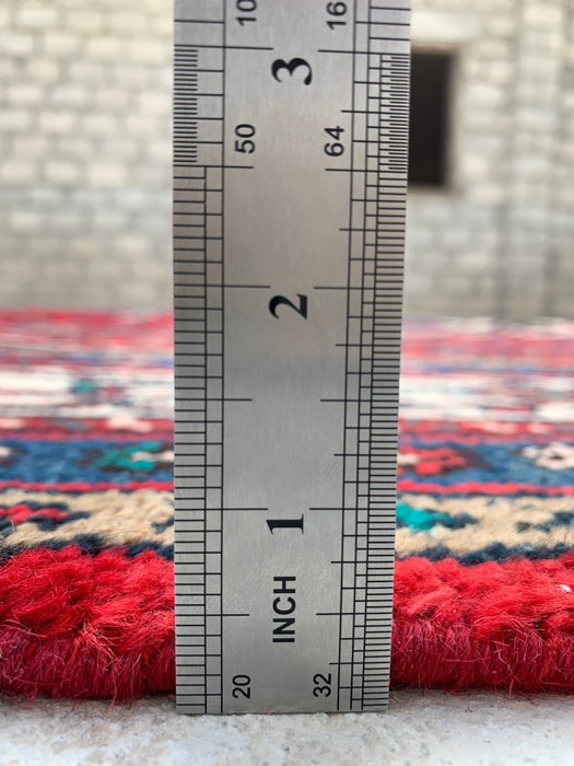 Handgemaakt Perzisch wollen vloerkleed 7x10 - Rood, marineblauw & ivoor tribaal medaillon Perzisch stijl kleed - Exacte afmeting 10'7" x 6'11" - KBHM-750