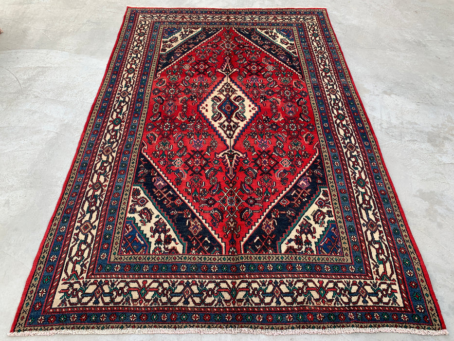 Handgemaakt Perzisch wollen vloerkleed 7x10 - Rood, marineblauw & ivoor tribaal medaillon Perzisch stijl kleed - Exacte afmeting 10'7" x 6'11" - KBHM-750