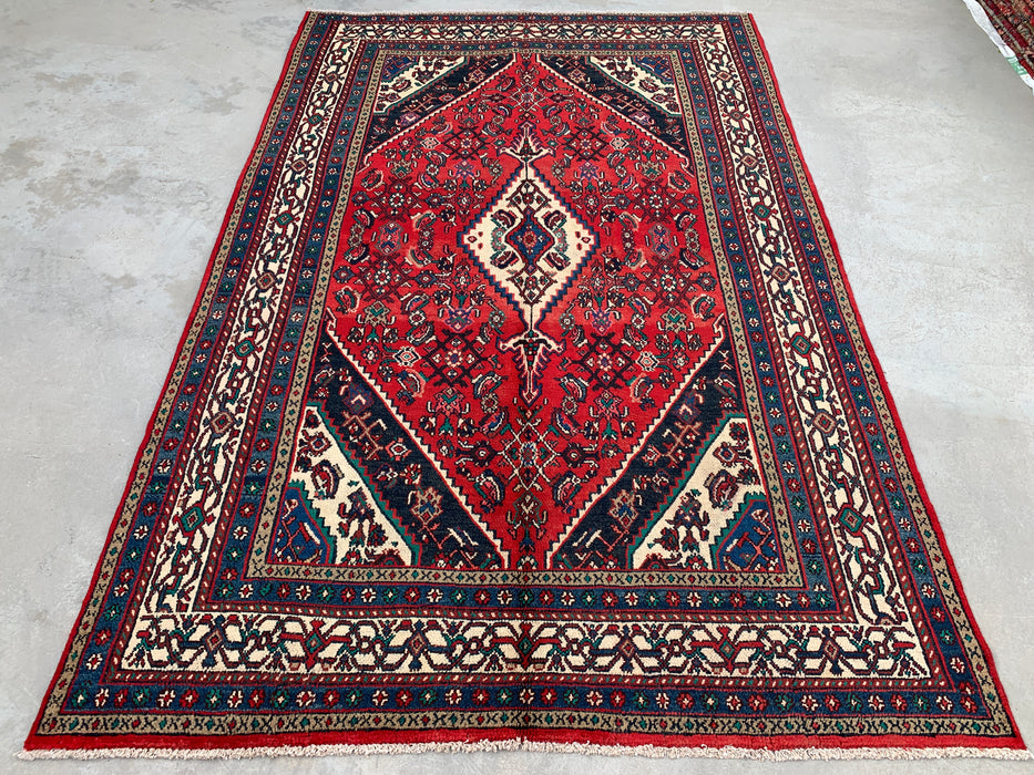 Handgemaakt Perzisch wollen vloerkleed 7x10 - Rood, marineblauw & ivoor tribaal medaillon Perzisch stijl kleed - Exacte afmeting 10'7" x 6'11" - KBHM-750