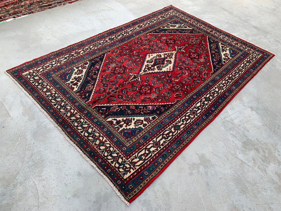 Handgemaakt Perzisch wollen vloerkleed 7x10 - Rood, marineblauw & ivoor tribaal medaillon Perzisch stijl kleed - Exacte afmeting 10'7" x 6'11" - KBHM-750