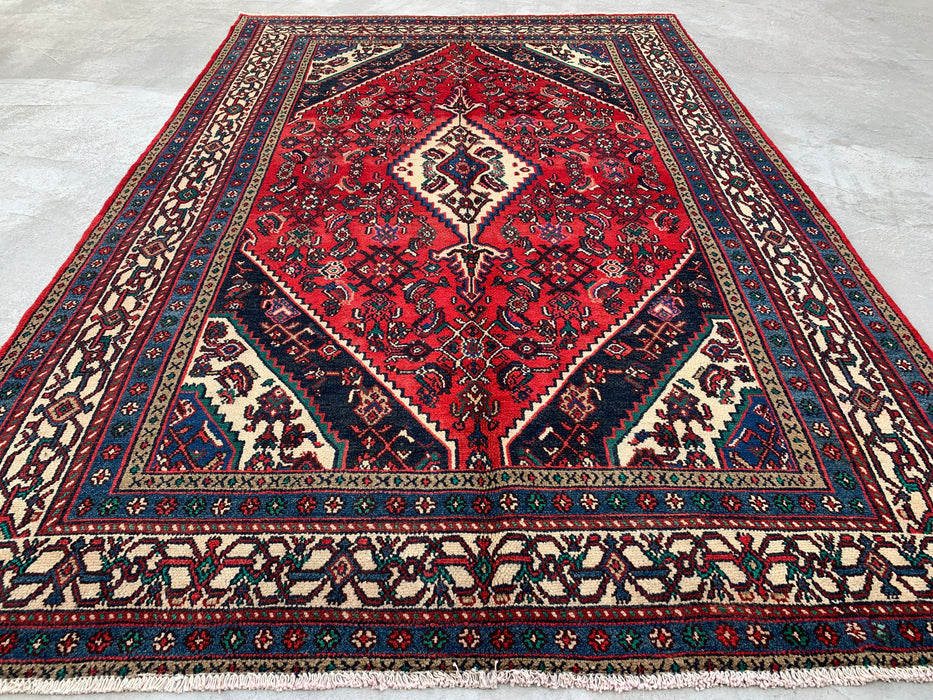 Handgemaakt Perzisch wollen vloerkleed 7x10 - Rood, marineblauw & ivoor tribaal medaillon Perzisch stijl kleed - Exacte afmeting 10'7" x 6'11" - KBHM-750