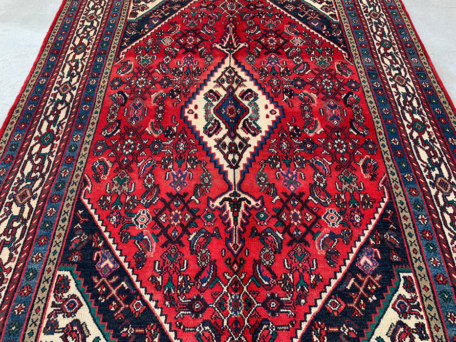 Handgemaakt Perzisch wollen vloerkleed 7x10 - Rood, marineblauw & ivoor tribaal medaillon Perzisch stijl kleed - Exacte afmeting 10'7" x 6'11" - KBHM-750