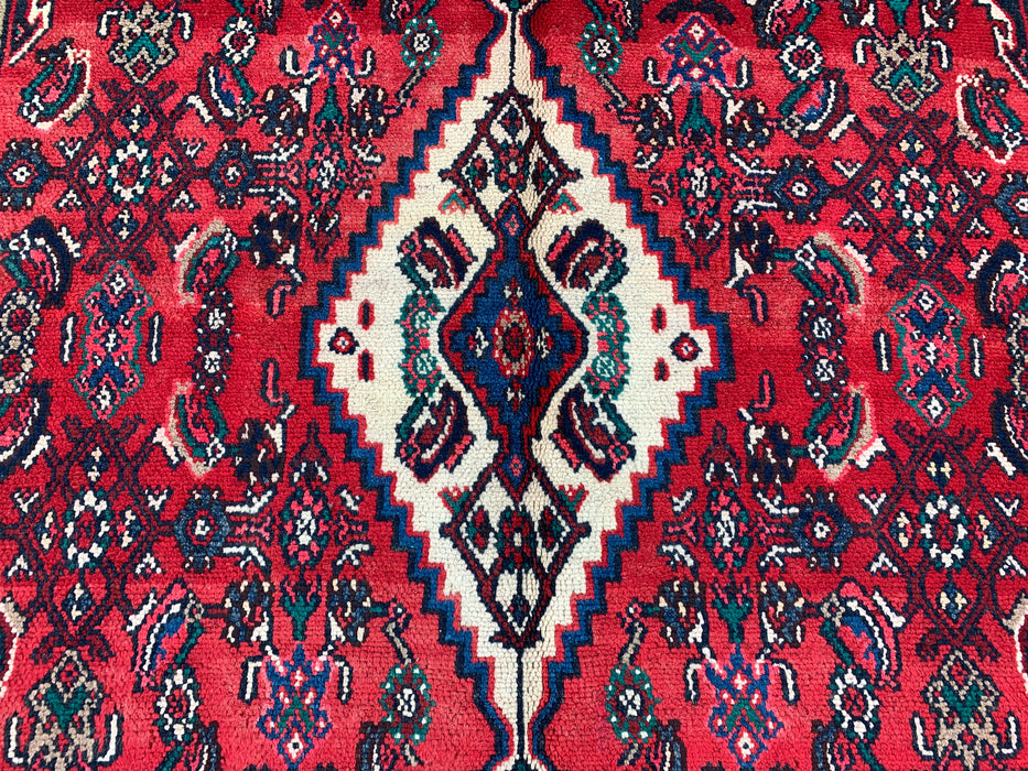 Handgemaakt Perzisch wollen vloerkleed 7x10 - Rood, marineblauw & ivoor tribaal medaillon Perzisch stijl kleed - Exacte afmeting 10'7" x 6'11" - KBHM-750