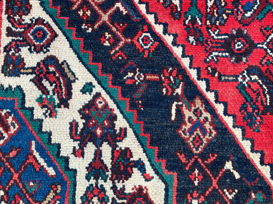 Handgemaakt Perzisch wollen vloerkleed 7x10 - Rood, marineblauw & ivoor tribaal medaillon Perzisch stijl kleed - Exacte afmeting 10'7" x 6'11" - KBHM-750