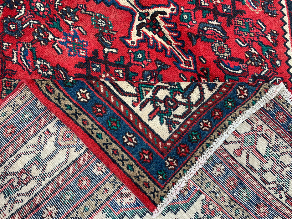 Handgemaakt Perzisch wollen vloerkleed 7x10 - Rood, marineblauw & ivoor tribaal medaillon Perzisch stijl kleed - Exacte afmeting 10'7" x 6'11" - KBHM-750