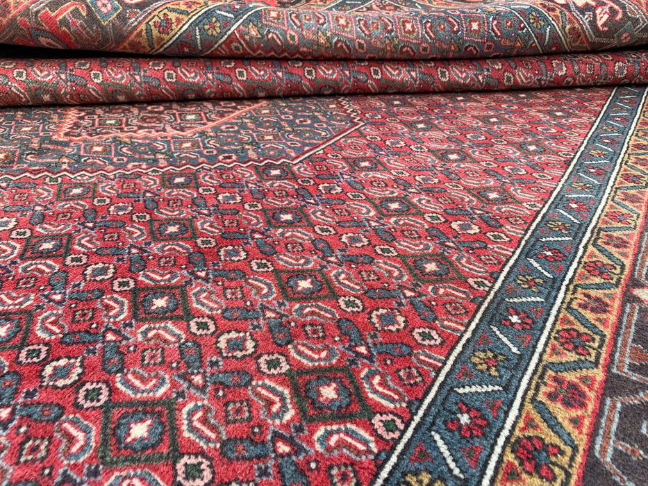 Handgemaakt Perzisch wollen vloerkleed 7x10 - Rood, blauw & bruin vintage Perzisch tapijt met medaillon - Exacte afmeting 287 cm x 191 cm - KBHM-751