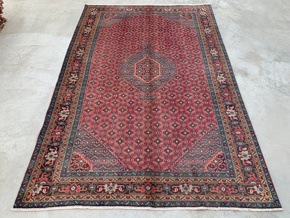 Handgemaakt Perzisch wollen vloerkleed 7x10 - Rood, blauw & bruin vintage Perzisch tapijt met medaillon - Exacte afmeting 287 cm x 191 cm - KBHM-751