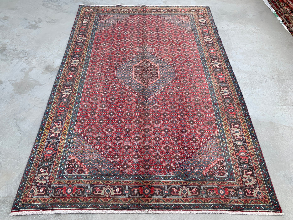 Handgemaakt Perzisch wollen vloerkleed 7x10 - Rood, blauw & bruin vintage Perzisch tapijt met medaillon - Exacte afmeting 287 cm x 191 cm - KBHM-751