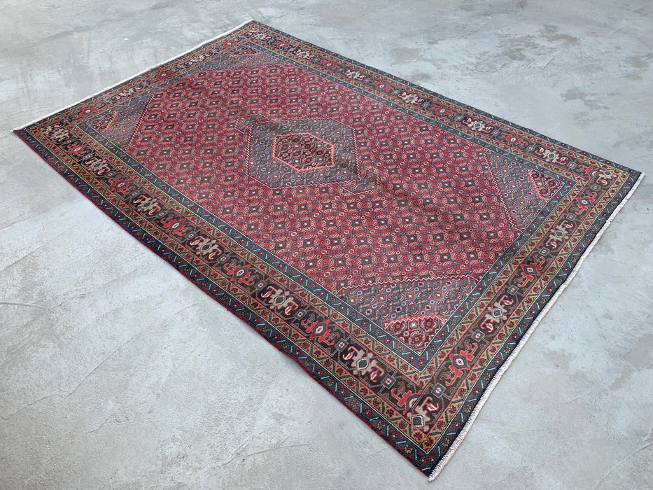 Handgemaakt Perzisch wollen vloerkleed 7x10 - Rood, blauw & bruin vintage Perzisch tapijt met medaillon - Exacte afmeting 287 cm x 191 cm - KBHM-751