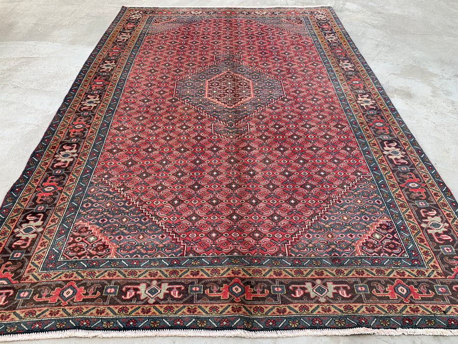 Handgemaakt Perzisch wollen vloerkleed 7x10 - Rood, blauw & bruin vintage Perzisch tapijt met medaillon - Exacte afmeting 287 cm x 191 cm - KBHM-751
