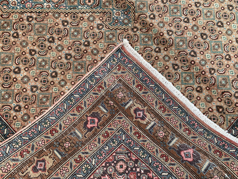 Handgemaakt Perzisch wollen vloerkleed 7x10 - Beige, bruin en zachtblauw vintage medaillon Perzisch stijl kleed - Exacte afmeting 9'5" x 6'5" - KBHM-752