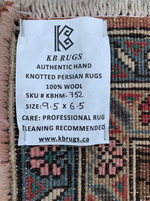 Handgemaakt Perzisch wollen vloerkleed 7x10 - Beige, bruin en zachtblauw vintage medaillon Perzisch stijl kleed - Exacte afmeting 9'5" x 6'5" - KBHM-752