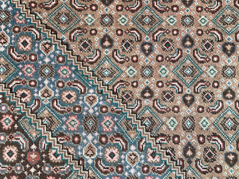 Handgemaakt Perzisch wollen vloerkleed 7x10 - Beige, bruin en zachtblauw vintage medaillon Perzisch stijl kleed - Exacte afmeting 9'5" x 6'5" - KBHM-752